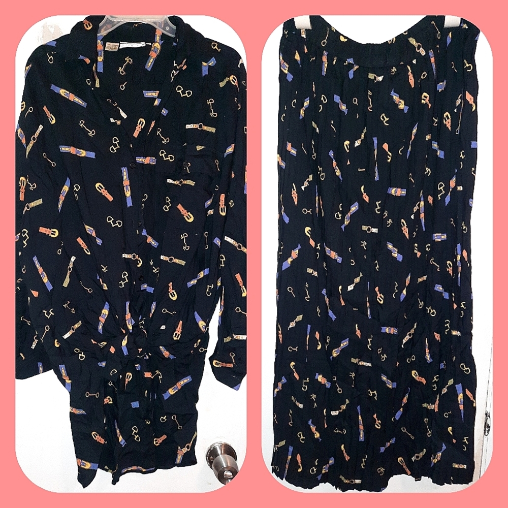 Ann Tjian for Kenar Vintage 1990s Belt Print Button Front Blouse & Pleat…